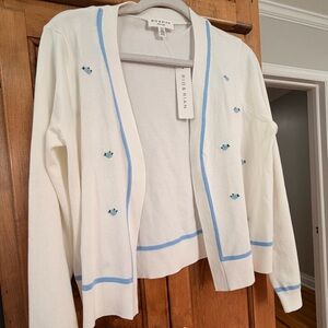 Rio & Rian White Cardigan with Blue Trim and Floral Embroidery